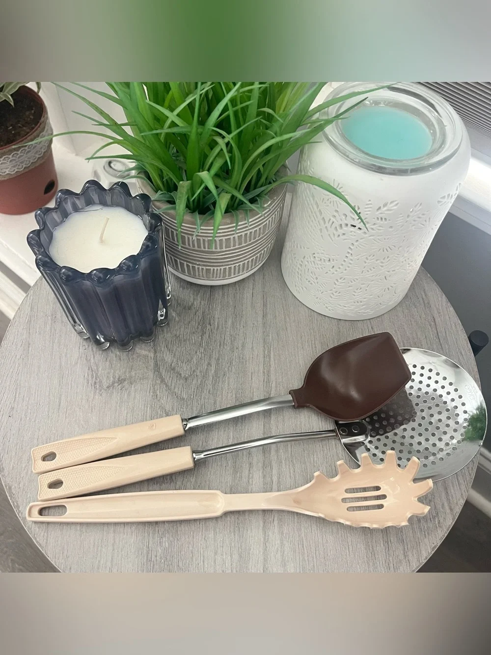 EKCO Almond Handle Kitchen Utensil Set 3 Pc Vintage Spoon Skimmer Pasta